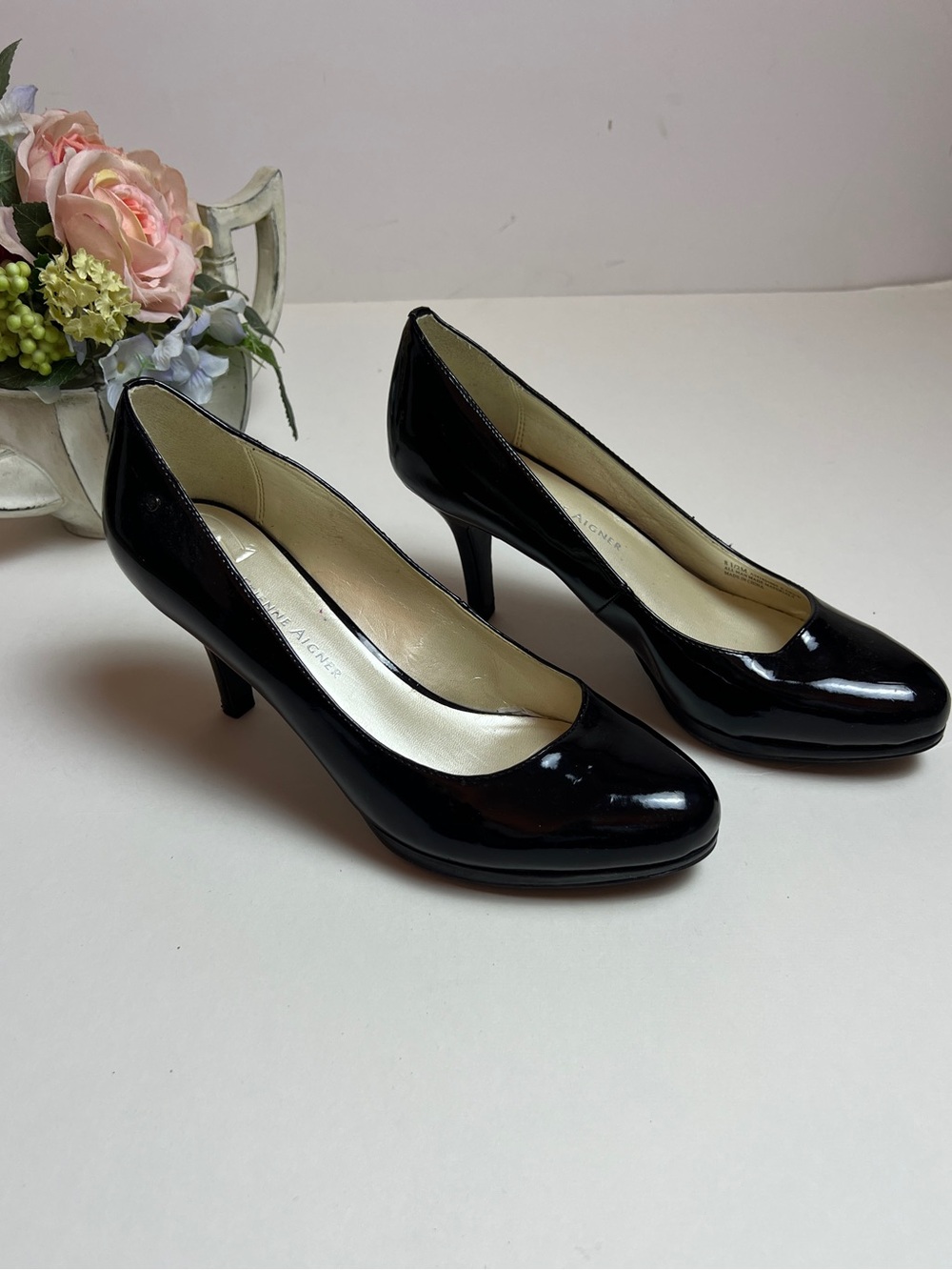 Etienne Aigner Women’s Drew Pumps -Black Patent Leather Slip-On Heels